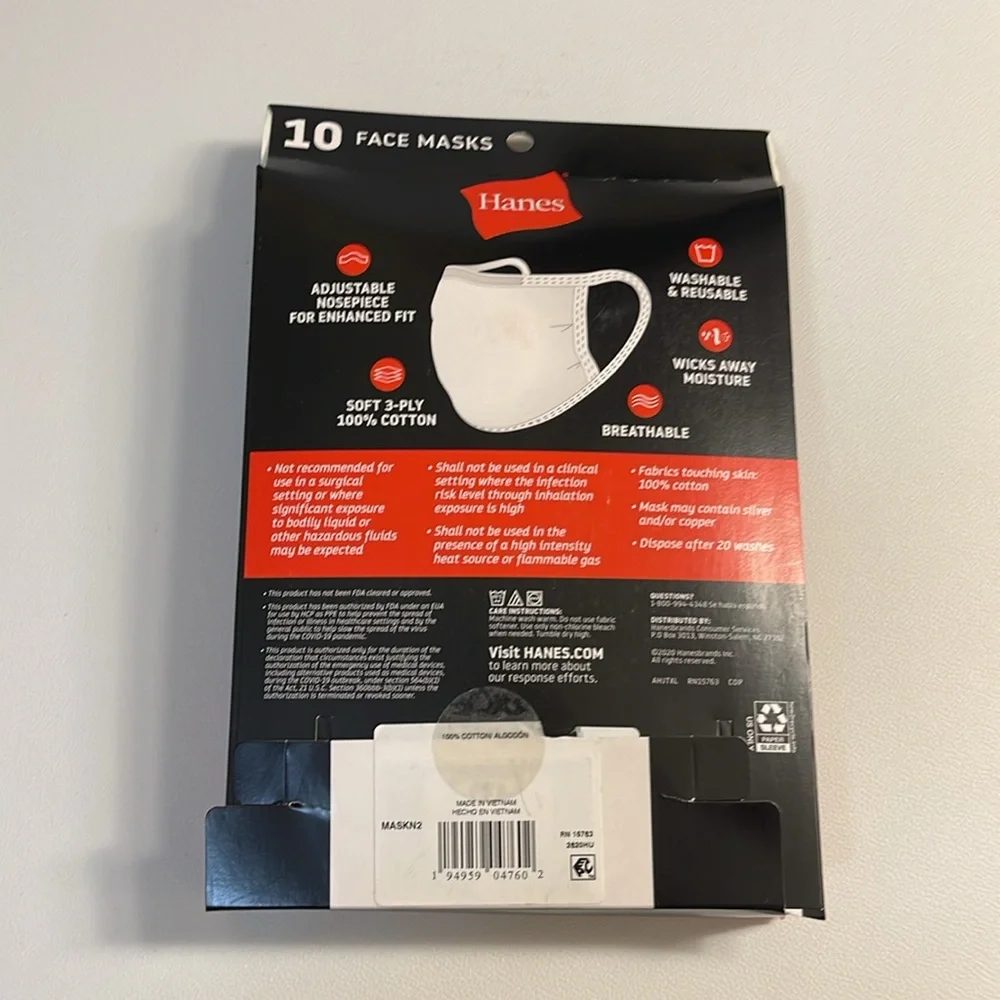 10 cotton face masks, wicking, cool comfort fabric. Hanes. New in package.